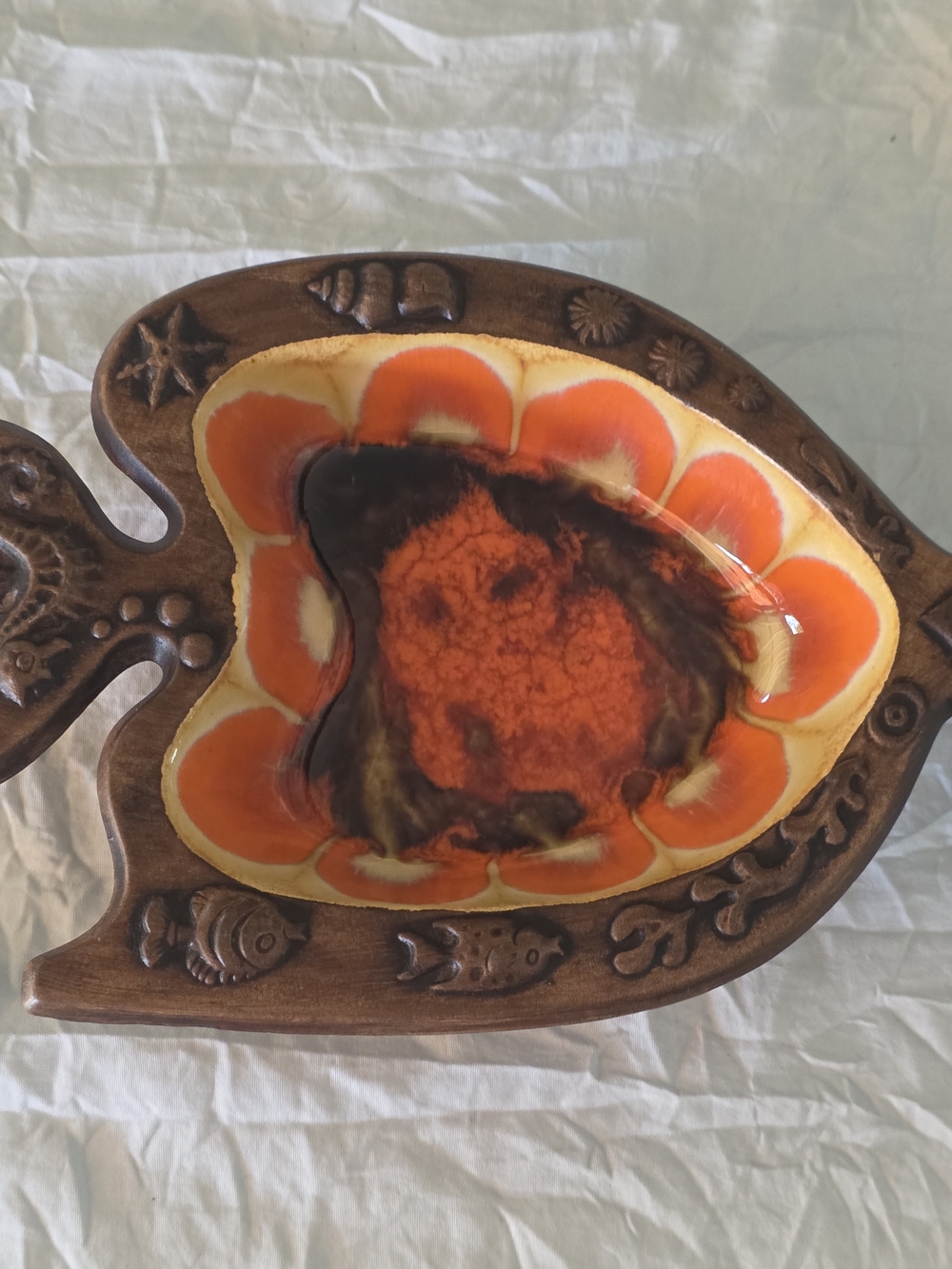 Treasure Craft Pottery USA Fish Dish Brown Orange MCM BOHO 7” Seahorse Starfish